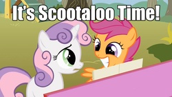 Size: 1280x720 | Tagged: safe, edit, edited screencap, screencap, scootaloo, sweetie belle, g4, the show stoppers, caption, duo, grin, image macro, meme, musical instrument, piano, smiling