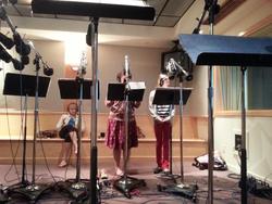 Size: 1024x768 | Tagged: safe, human, andrea libman, behind the scenes, claire corlett, headphones, irl, irl human, microphone, photo, possibly pony related, tabitha st. germain, voice actor
