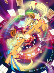 Size: 2031x2732 | Tagged: safe, artist:egstudiomexico, applejack, g4, bow, clone, cover, doctor who, falling, fanfic, self ponidox, tardis
