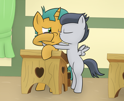 Size: 800x650 | Tagged: safe, artist:pvryohei, rumble, snails, pegasus, pony, unicorn, g4, cheek kiss, classroom, colt, comforting, crying, duo, foal, gay, hug, kissing, male, ponyville schoolhouse, sad, shipping, snumble
