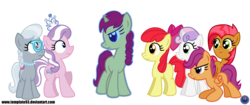 Size: 4000x1686 | Tagged: safe, artist:template93, apple bloom, babs seed, diamond tiara, scootaloo, silver spoon, sweetie belle, oc, oc:sweetheart, g4, commission, simple background, transparent background