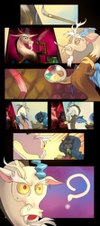 Size: 600x1350 | Tagged: safe, artist:bakki, discord, princess luna, oc, oc:mirror gleam, changeling, g4, comic, disguised baby changeling, double take, hilarious in hindsight, paintbrush, painting, pipe, question mark