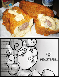 Size: 537x700 | Tagged: safe, sweetie belle, g4, bratwurst, deep fried, exploitable meme, food, sauerkraut, that is beautiful