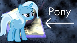 Size: 1136x640 | Tagged: safe, artist:bronycurious, trixie, pony, g4, book, captain obvious, female, frown, glare, raised eyebrow, shaped like itself, solo