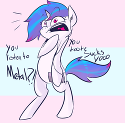 Size: 1040x1024 | Tagged: safe, dj pon-3, vinyl scratch, pony, g4, ask-djhorsie, bipedal, earbuds, female, metal, music, solo