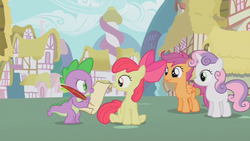 Size: 853x480 | Tagged: safe, screencap, apple bloom, scootaloo, spike, sweetie belle, g4, the cutie pox, cutie mark crusaders
