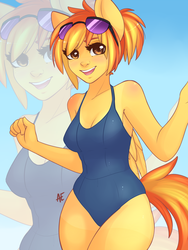 Size: 1200x1600 | Tagged: safe, artist:spittfireart, spitfire, anthro, g4, blue swimsuit, blushing, clothes, cute, cutefire, female, glasses, human facial structure, legs together, one-piece swimsuit, open mouth, school swimsuit, solo, sukumizu, swimsuit