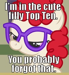 Size: 600x650 | Tagged: safe, edit, edited screencap, screencap, twist, call of the cutie, g4, bedroom eyes, caption, cropped, cute, cutest pony alive, female, glasses, image macro, solo