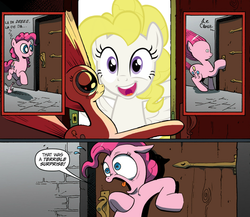 Size: 945x821 | Tagged: safe, idw, pinkie pie, surprise, g4, exploitable meme, meme, pun, surprise door