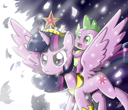 Size: 1446x1239 | Tagged: safe, artist:the-butch-x, spike, twilight sparkle, alicorn, dragon, pony, g4, dragons riding ponies, duo, element of magic, female, mare, riding, spike riding twilight, twilight sparkle (alicorn)