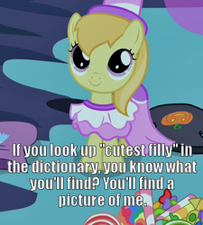 Size: 450x500 | Tagged: safe, edit, edited screencap, screencap, noi, pony, g4, candy, caption, costume, cute, cutest pony alive, female, filly, image macro, nightmare night, princess, solo