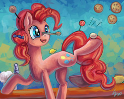 Size: 2199x1755 | Tagged: safe, artist:erovoid, pinkie pie, g4, balance, balancing, candy, cooking, egg (food), female, food, lemon, ponies balancing stuff on their nose, solo, spoon