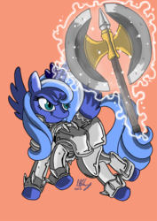 Size: 700x990 | Tagged: safe, artist:projectzuel, princess luna, g4, armor, axe, female, filly, magic, s1 luna, simple background, solo, warrior luna, weapon, woona