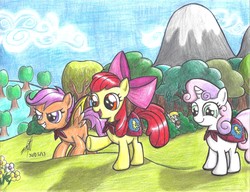 Size: 6583x5066 | Tagged: safe, artist:nightshadow154, apple bloom, derpy hooves, scootaloo, sweetie belle, earth pony, pegasus, pony, unicorn, g4, absurd resolution, apple bloom's bow, blank flank, bow, cape, clothes, cmc cape, cutie mark crusaders, eating, female, filly, flower, foal, food, hair bow, horn, mare, muffin, open mouth, open smile, raised hoof, signature, smiling, spread wings, traditional art, tree, wings