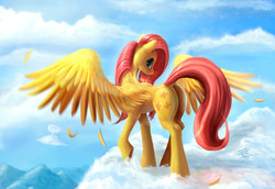 Size: 1920x1318 | Tagged: safe, artist:tsitra360, fluttershy, g4, butt, cloud, cloudy, dock, female, flying, plot, solo