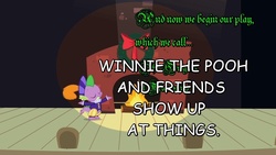 Size: 1280x720 | Tagged: safe, edit, edited screencap, screencap, spike, dragon, g4, hearth's warming eve (episode), 1000 hours in ms paint, comic sans, hearth's warming eve, image macro, interrupted, male, ms paint, parody, pooh's adventures, solo, text
