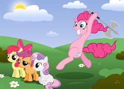 Size: 1800x1296 | Tagged: safe, artist:moongazeponies, apple bloom, pinkie pie, scootaloo, sweetie belle, earth pony, pegasus, pony, unicorn, g4, applebuse, axe, crusadabuse, cutie mark crusaders, female, filly, imminent death, mare, scootabuse, sweetiebuse
