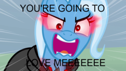 Size: 640x360 | Tagged: safe, trixie, pony, unicorn, g4, magic duel, alicorn amulet, female, flutterrage, image macro, mare, meme, solo, trixie yells at everything, you're going to love me