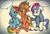 Size: 1280x883 | Tagged: safe, artist:wirelesspony, applejack, rainbow dash, rarity, earth pony, pegasus, pony, unicorn, g4, beatnik rarity, beret, clothes, female, floppy ears, hat, lesbian, liarjack, nosebleed, one ear down, ot3, pirate dash, rarijackdash, ship:appledash, ship:raridash, ship:rarijack, shipping, sitting, speech bubble, traditional art, trio, trio female