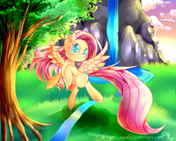 Size: 1500x1200 | Tagged: safe, artist:aquagalaxy, fluttershy, pegasus, pony, g4, female, flying, grass, mare, mountain, smiling, solo, tree, waterfall