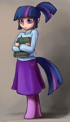 Size: 866x1504 | Tagged: safe, artist:dj-black-n-white, oc, oc only, oc:glimmer, satyr, anthro, book, bookworm, color, cute, female, gray background, high ponytail, nerdy, not twilight sparkle, offspring, parent:twilight sparkle, ponytail, shadow, short ponytail, simple background, solo