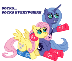 Size: 2094x1766 | Tagged: safe, artist:midnight-cobra, fluttershy, princess luna, g4, clothes, meme, s1 luna, simple background, socks, x x everywhere