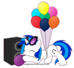 Size: 2156x1992 | Tagged: safe, artist:zomgitsalaura, dj pon-3, vinyl scratch, pony, unicorn, g4, balloon, blowing up balloons, female, mare, simple background, solo, speaker, transparent background