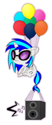 Size: 1252x3024 | Tagged: safe, artist:zomgitsalaura, dj pon-3, vinyl scratch, pony, unicorn, g4, balloon, chibi, female, floating, mare, music notes, simple background, smiling, solo, speaker, transparent background