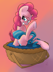 Size: 584x791 | Tagged: safe, artist:sharpy, pinkie pie, earth pony, pony, g4, basket, bedroom eyes, bow, female, gradient background, grin, hooves, mare, signature, smiling, solo