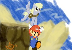 Size: 1069x748 | Tagged: safe, artist:embertwist, derpy hooves, pegasus, pony, g4, bag, duo, duo male and female, female, flying, hat, mailbag, male, mare, mario, paper mario, platformer, saddle bag, super mario bros.