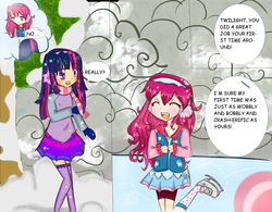 Size: 2110x1648 | Tagged: safe, artist:iluvfanfics09, pinkie pie, twilight sparkle, human, g4, winter wrap up, duo, humanized, scene interpretation