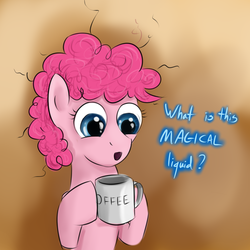 Size: 1600x1600 | Tagged: safe, artist:brainedbysaucepans, pinkie pie, g4, coffee, cup, dialogue, female, filly, pinkie found the coffee, solo, xk-class end-of-the-world scenario