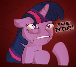 Size: 1100x978 | Tagged: safe, artist:underwearninja, twilight sparkle, pony, unicorn, princess molestia, g4, bloodshot eyes, cupcake, female, fox news, furry, i've seen some shit, implied plothole plush lyra, insanity, internet, lyra plushie, meta, rule 34, scootabuse, solo, the internet, tumblr, youtube