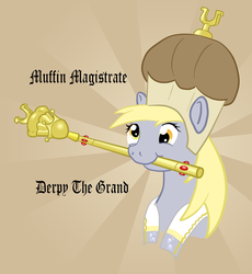 Size: 1102x1200 | Tagged: safe, artist:underwearninja, derpy hooves, pegasus, pony, g4, crown, female, mare, mouth hold, muffin, scepter, solo, sunburst background