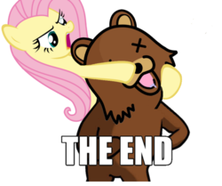 Size: 500x417 | Tagged: safe, fluttershy, pony, g4, lesson zero, dead, death, female, good end, image macro, mare, murder, neck snap, pedobear, reaction image, simple background, transparent background, vector, x eyes