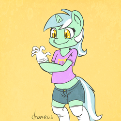 Size: 1000x1000 | Tagged: safe, artist:draneas, lyra heartstrings, pony, unicorn, g4, 30 minute art challenge, bipedal, clothes, colored pupils, female, gloves, rubber gloves, shirt, shorts, smiling, socks, solo, t-shirt