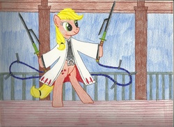 Size: 2336x1696 | Tagged: safe, artist:snowblitz227, applejack, earth pony, pony, g4, bleach (manga), crossover, female, jushiro ukitake, ponified, solo, sword, traditional art, weapon