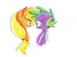 Size: 1024x758 | Tagged: safe, artist:lemon-pony, applejack, spike, g4, bust, chest fluff, cute, female, interspecies, looking at each other, male, open mouth, portrait, ship:applespike, shipping, straight, traditional art