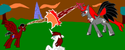 Size: 1363x545 | Tagged: safe, artist:smashfan666, oc, oc only, oc:alycronus, oc:fausticorn, oc:lancelot, fight, magic blast