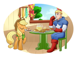 Size: 1069x800 | Tagged: safe, artist:madmax, applejack, human, g4, apple pie, captain america, crossover, glass, juice, marvel, pie, pudding
