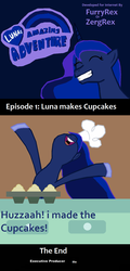 Size: 774x1608 | Tagged: safe, artist:zergrex, princess luna, alicorn, pony, g4, baking, comic, cupcake, female, food, logo parody, mare, solo, text