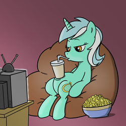 Size: 1000x1000 | Tagged: source needed, safe, artist:madmax, lyra heartstrings, pony, unicorn, g4, beanbag chair, belly, bowl, drink, drinking, female, food, human behavior, popcorn, sitting, sitting lyra, soda, solo, television, watching, watching tv