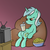 Size: 1000x1000 | Tagged: source needed, safe, artist:madmax, lyra heartstrings, pony, unicorn, g4, beanbag chair, belly, bowl, drink, drinking, female, food, human behavior, popcorn, sitting, sitting lyra, soda, solo, television, watching, watching tv