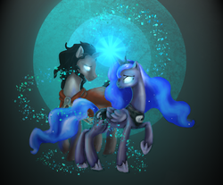Size: 1714x1422 | Tagged: safe, artist:nati789, king sombra, princess luna, alicorn, pony, unicorn, g4, female, glowing eyes, horn, horns are touching, love spell, male, power of love, ship:lumbra, shipping, straight