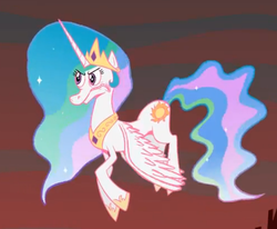 Size: 467x385 | Tagged: safe, artist:hotdiggedydemon, princess celestia, alicorn, pony, .mov, magic.mov, g4, angry, female, flying, frown, gritted teeth, mare, pony.mov, reaction image, solo