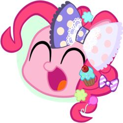 Size: 512x512 | Tagged: safe, artist:momo, pinkie pie, earth pony, pony, ask harajukupinkiepie, g4, balloon, bow, cupcake, cute, decora, diapinkes, eyes closed, female, food, hairclip, happy, harajuku, head only, ribbon, simple background, solo, transparent background