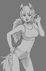 Size: 600x928 | Tagged: safe, artist:nesoun, rainbow dash, human, g4, belly button, clothes, cutie mark, eared humanization, female, humanized, midriff, monochrome, solo, sports bra, tailed humanization, winged humanization