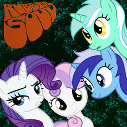 Size: 721x721 | Tagged: safe, artist:deistar, lyra heartstrings, minuette, rarity, sweetie belle, pony, unicorn, g4, :3, album, album cover, belle sisters, cover, female, filly, foal, mare, parody, ponified, ponified album cover, rubber soul, siblings, sisters, the beatles