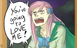 Size: 600x373 | Tagged: safe, artist:voyager, fluttershy, human, g4, the best night ever, female, flutterrage, glare, humanized, open mouth, scene interpretation, solo, speech bubble, wide eyes, yelling, you're going to love me