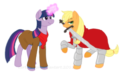 Size: 801x472 | Tagged: safe, artist:cartoonlion, applejack, twilight sparkle, earth pony, pony, unicorn, g4, armor, clothes, crossover, duo, female, king arthur, mare, merlin, merlin (tv series), mouth hold, sword, unicorn twilight, weapon